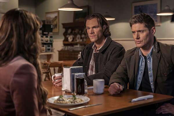Supernatural -- "Gimme Shelter" -- Image Number: SN1515B_0504r.jpg -- Pictured (L-R): Emily Swallow as Amara, Jared Padalecki as Sam and Jensen Ackles as Dean -- Photo: Colin Bentley/The CW -- © 2020 The CW Network, LLC. All Rights Reserved.