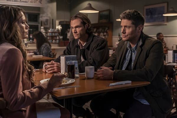 Supernatural -- "Gimme Shelter" -- Image Number: SN1515B_0518r.jpg -- Pictured (L-R): Emily Swallow as Amara, Jared Padalecki as Sam and Jensen Ackles as Dean -- Photo: Colin Bentley/The CW -- © 2020 The CW Network, LLC. All Rights Reserved.