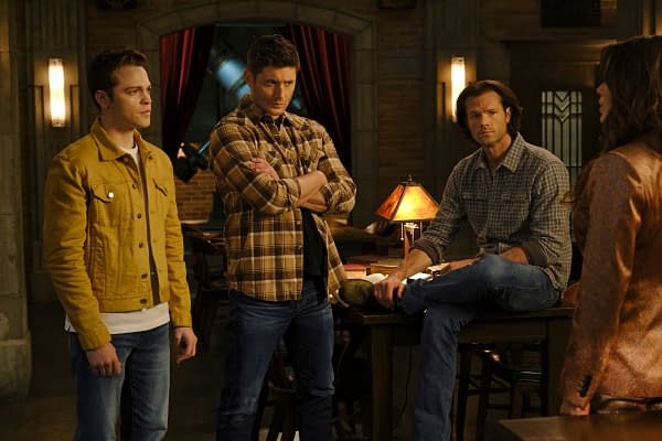 Supernatural -- "Unity" -- Image Number: SN1517A_0246r.jpg -- Pictured (L-R): Alexander Calvert as Jack, Jensen Ackles as Dean, Jared Padalecki as Sam and Emily Swallow as Amara -- Photo: Jeff Weddell/The CW -- © 2020 The CW Network, LLC. All Rights Reserved.