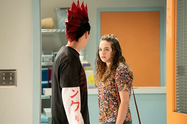 COBRA KAI (L to R) JACOB BERTRAND as ELI and MARY MOUSER as SAMANTHA LARUSSO of COBRA KAI Cr. TINA ROWDEN/NETFLIX © 2020