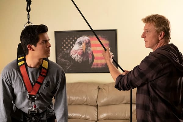 COBRA KAI (L to R) XOLO MARIDUE„A as MIGUEL DIAZ and WILLIAM ZABKA as JOHNNY LAWRENCE of COBRA KAI Cr. CURTIS BONDS BAKER/NETFLIX © 2020