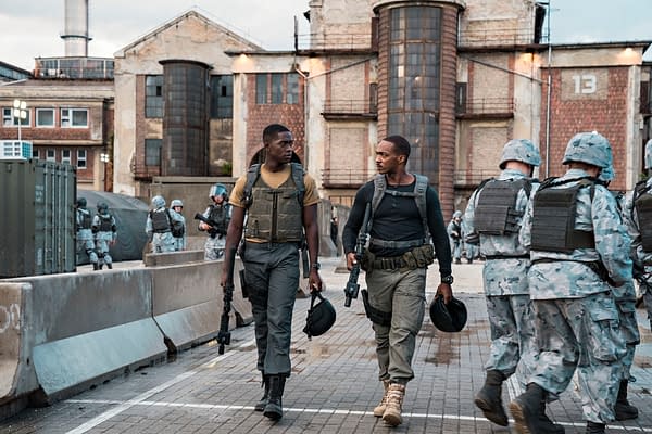 OUTSIDE THE WIRE, ​Damson Idris as Harp, Anthony Mackie ​as ​Leo, in OUTSIDE THE WIRE. Cr. ​Jonathan Prime​/NETFLIX ​© ​2020