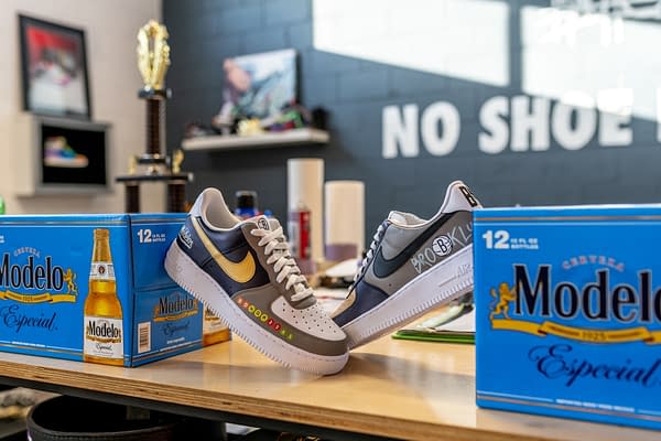A look at the special Brooklyn Nets version of the custom low-top Nike sneakers, courtesy of Modelo.