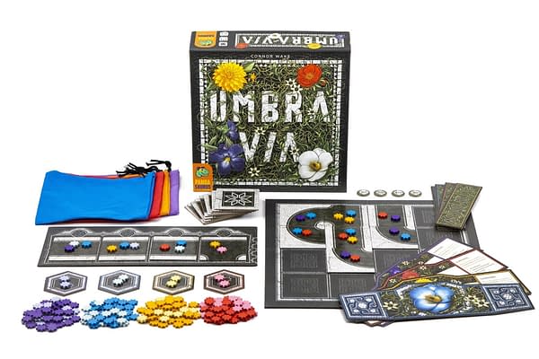 An array of the components in Umbra Via, an upcoming board game release from Pandasaurus Games.