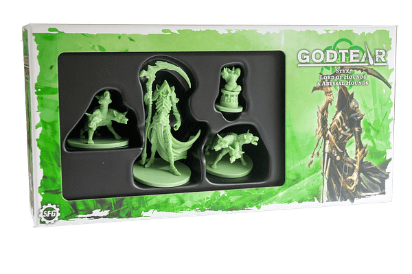The front of the box for Styx, a Shaper champion from Steamforged Games' skirmish-based wargame, Godtear.