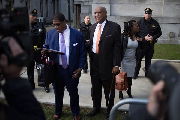 Actor Bill Cosby and spokesman Andrew Wyatt arrive for day 2 of Cosby's sexual assault re-trial at the Montgomery County Courthouse in Norristown, PA, April 10, 2018. (Michael Candelori / Shutterstock.com)