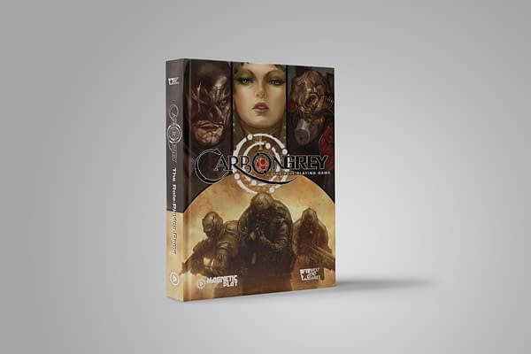 The front cover of the core book for the Carbon Grey tabletop RPG adaptation by the tabletop game company Magnetic Press Play.