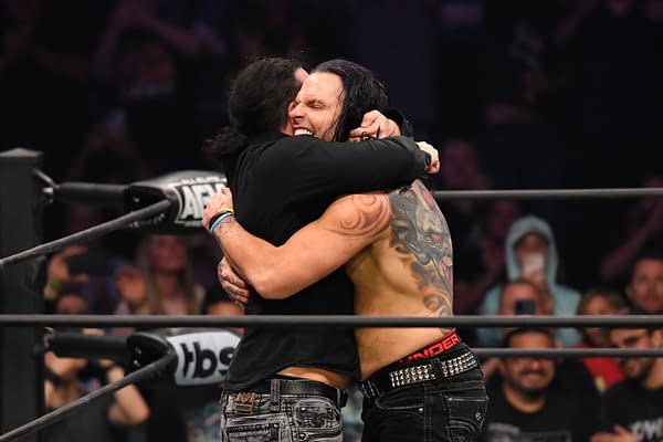 Matt Hardy and Jeff Hardy hug after Jeff debuts on AEW Dynamite [Photo: All Elite Wrestling]