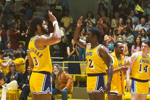 Quincy Isaiah as Magic Johnson and Solomon Hughes as Kareem Abdul-Jabbar in Winning Time: The Rise of the Lakers Dynasty, photograph by Warrick Page/HBO.