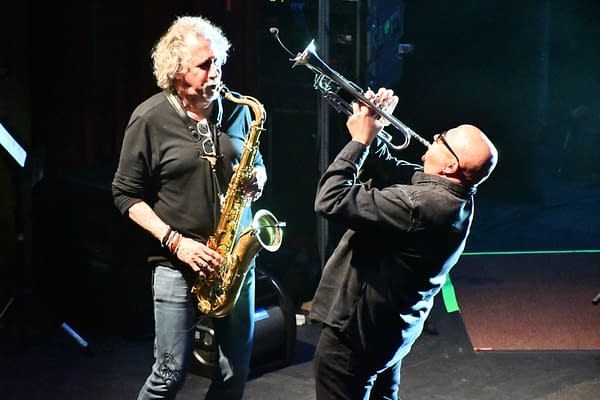 They Might Be Giants saxophonist Stan Harrison, left, and trumpeter Curt Ramm having an absolute blast onstage during the sets at the State Theatre in Ithaca, NY. Photo credit: Britt Bender