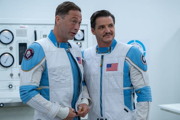 Ebon Moss-Bachrach as Ben Grimm/The Thing and Pedro Pascal as Reed Richards/Mister Fantastic wear futuristic white and blue space suits in a NASA-like control room, showcasing their characters from 'The Fantastic Four: First Steps'.