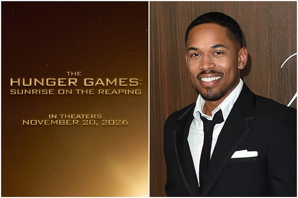 Kelvin Harrison Jr. smiles while wearing a black suit and white shirt, featured alongside promotional text for the movie 'The Hunger Games: Sunrise on the Reaping,' which is set to release in theaters on November 20, 2026.