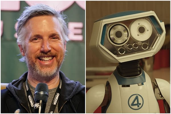 A split image featuring Matthew Wood, a smiling man with gray hair and a microphone, alongside Herbie, a cartoon robot with a friendly face and the number four on its chest, representing the Fantastic Four.