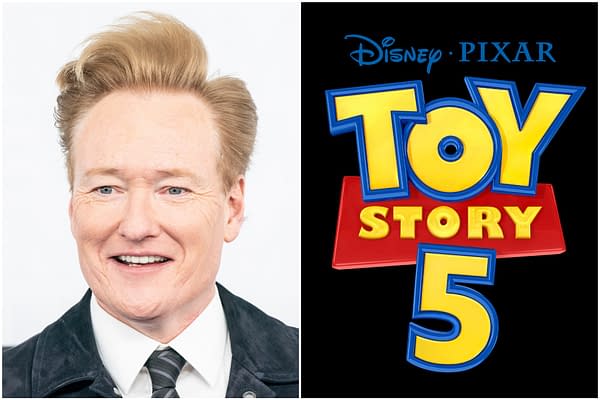 A cartoon logo for "Toy Story 5" featuring colorful, bold text that reads "Toy Story" with the number 5 below it. Next to the logo is a smiling man with light brown hair and a black jacket, representing a lively and cheerful atmosphere.