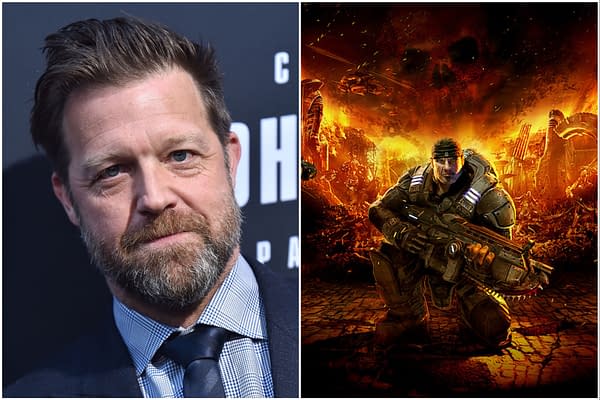 A split image featuring David Leitch on the left, a filmmaker with a beard and wearing a suit, and the right side depicting a character from 'Gears of War' wielding a large weapon against a fiery, apocalyptic background.