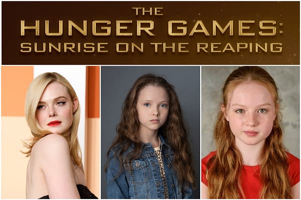 Three portraits of young actresses, possibly from 'The Hunger Games: Sunrise on the Reaping.' The first wears a glamorous black dress, the second has long curly hair in a denim jacket, and the third features wavy red hair in a red top.