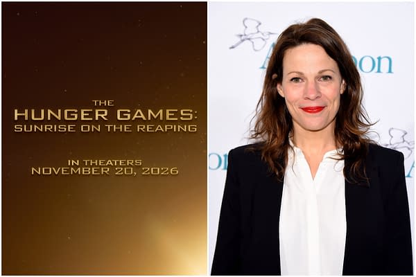 Lili Taylor smiles in a professional setting, wearing a black blazer and white blouse, promoting her role in 'The Hunger Games: Sunrise on the Reaping,' with the film title and release date prominently displayed.