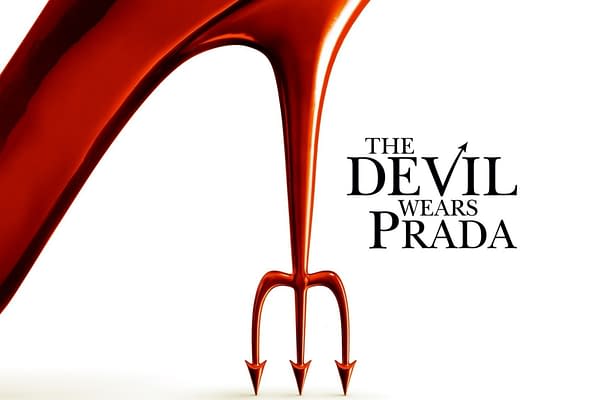 A stylish red stiletto shoe has a devil's fork design for the heel, accompanied by the text "THE DEVIL WEARS PRADA" in a bold font. This image relates to the fashion-focused film, hinting at its iconic aesthetic.