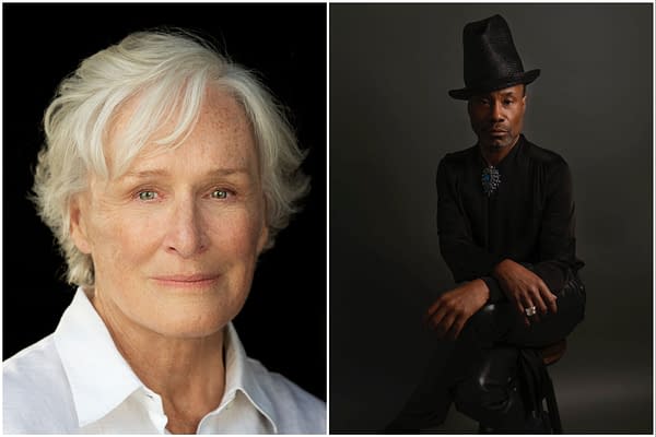 A split image features Glenn Close, a white woman with short, wavy gray hair and striking green eyes, wearing a white blouse, and Billy Porter, a Black man dressed in black with a large hat and a statement necklace, posing on a stool against a dark background.