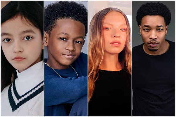 A portrait featuring four young actors, each with distinct styles and expressions, likely tied to their roles in 'The Hunger Games: Sunrise on the Reaping.'