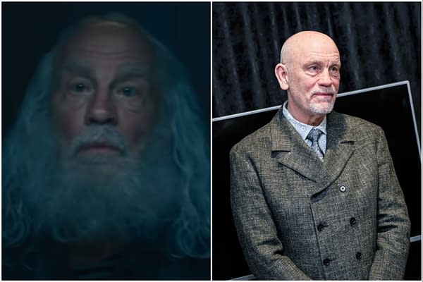 The image features John Malkovich, showcasing two contrasting appearances: one side presents him with long white hair and a beard, evoking an older, wise character, while the other side depicts him in a stylish gray coat, looking sharply dressed and engaged in a casual setting.
