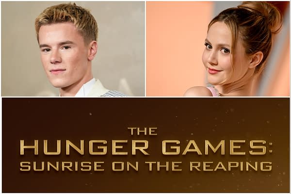 A promotional image featuring two young actors, with one on the left and the other on the right, both smiling. Below them is the title, "THE HUNGER GAMES: SUNRISE ON THE REAPING," in bold gold letters against a dark background.