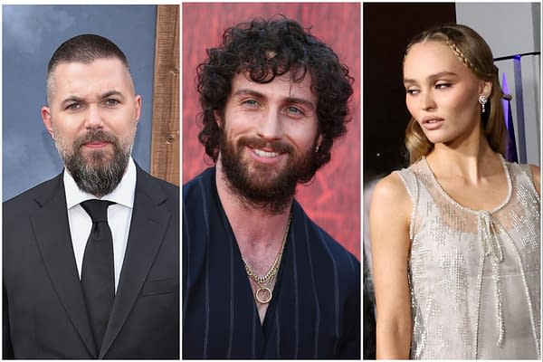 A collage featuring three individuals: a man with a short beard in a tuxedo, another man with curly hair and a casual outfit smiling broadly, and a woman with long hair styled elegantly in a beaded dress, all set against contrasting colorful backgrounds.