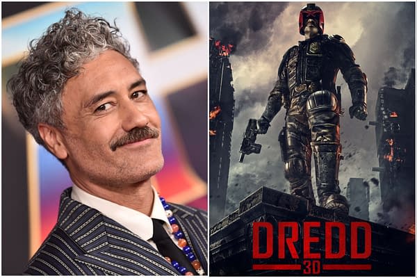 A side-by-side collage featuring Taika Waititi, noted for his curly hair and stylish attire, next to a dramatic depiction of the character Judge Dredd, wearing a helmet and armor, holding a gun in a dystopian setting. The word 'DREDD' is prominently displayed at the bottom of the image.