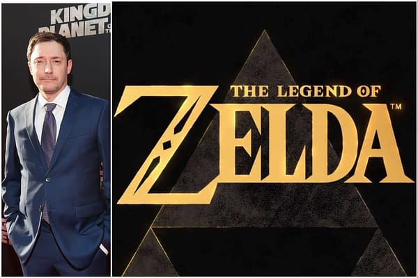 A man in a suit stands on the left side, while the right features the logo of 'The Legend of Zelda' in bold gold letters over a black background, accompanied by a triangular design.
