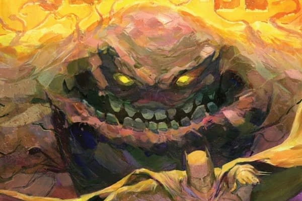 An illustration featuring Batman in a dynamic pose, facing a menacing figure of Clayface, who has glowing yellow eyes and a monstrous expression. The background is filled with swirling colors, adding to the dramatic atmosphere.