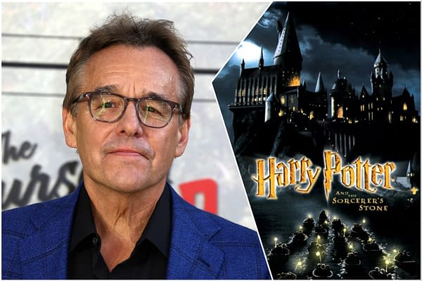 A portrait of Chris Columbus, the director of 'Harry Potter and the Sorcerer's Stone,' alongside a dark, atmospheric graphic of Hogwarts Castle and the movie title. The image highlights Columbus's expression and his connection to the Harry Potter franchise.