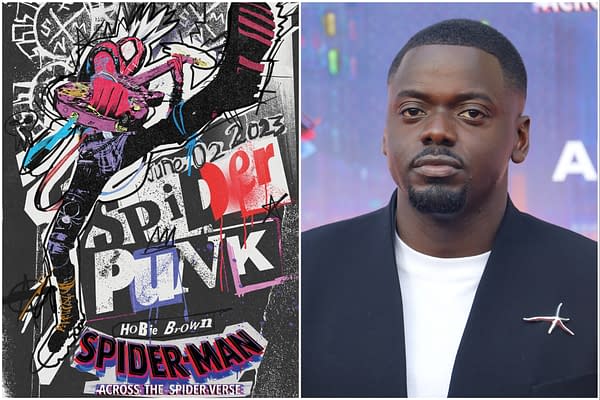 A colorful illustration featuring the character Spider-Punk, depicted as a punk rock teenager playing a guitar. The image also includes a close-up of actor Daniel Kaluuya at an event related to 'Spider-Man: Across the Spider-Verse'.
