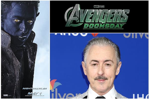 A promotional image featuring the logo for 'Avengers: Doomsday' and a character resembling Nightcrawler with blue skin and yellow eyes, alongside a photo of Alan Cumming, a middle-aged man with light hair and a mustache, dressed in a gray suit.