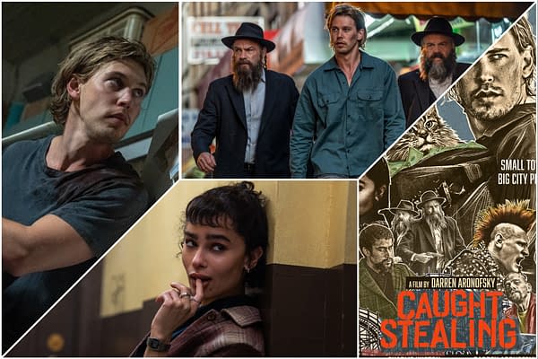 Collage featuring scenes from the film 'Caught Stealing,' including characters in various dramatic poses. Notable elements include a tense male figure, three characters walking in an urban setting, and a woman with a playful expression, alongside a stylized poster of the film.