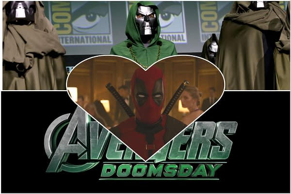A collage featuring characters from comic book lore, prominently showcasing Deadpool in a red and black costume with katana swords, alongside a green-hooded figure resembling Doctor Doom. The background displays the 'Avengers: Doomsday' title in bold lettering, emphasizing a superhero theme.