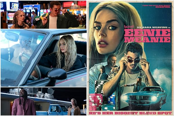 A promotional collage for the film 'Eenie Meanie', featuring an illustrated poster with a blonde woman and several characters, alongside stills from the movie including scenes set in a casino and a car. The poster emphasizes the film's title in bold pink lettering.
