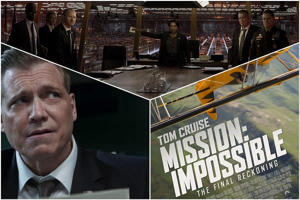 Mission: Impossible—The Final Reckoning A collage featuring a tense boardroom scene with several characters, including a woman gesturing, a worried man in close-up, and a promotional poster for 'Mission: Impossible - The Final Reckoning' displaying Tom Cruise. The collage emphasizes themes of action and suspense.