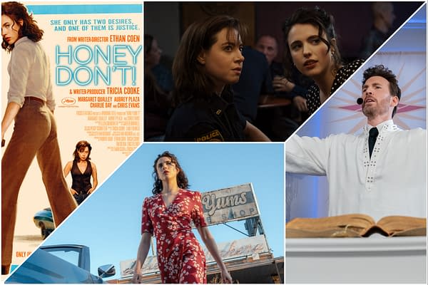 A collage promoting the film "Honey Don't!", featuring scenes with characters in various settings, including an actress in a police uniform and another in a red dress against a diner backdrop. The film's title is prominently displayed on the left side.