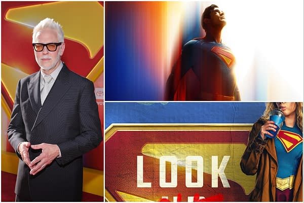 Collage featuring James Gunn smiling on the red carpet in front of a Superman logo, a superhero figure wearing a blue and red costume with the Superman emblem, and a character in a brown coat holding a drink while wearing a similar Superman shirt. The image highlights the connection between Gunn and the Superman franchise.
