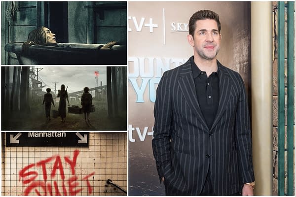 John Krasinski stands in a well-dressed, striped suit at a promotional event, with a backdrop related to a Quiet Place film. The image references the suspenseful themes of the A Quiet Place series.