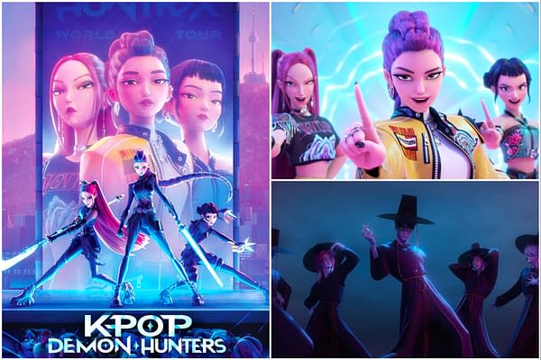A vibrant illustration for 'KPop Demon Hunters' featuring stylized characters posed dynamically with futuristic weapons. The design emphasizes a blend of K-pop aesthetics and supernatural themes.