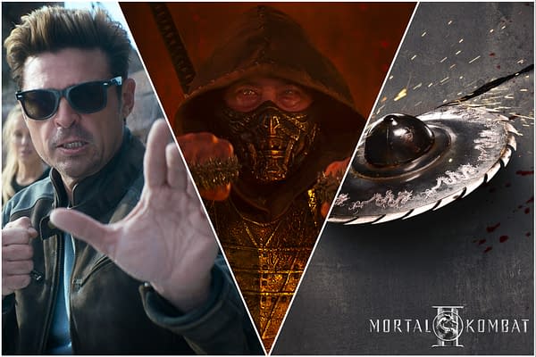 A collage featuring three elements related to Mortal Kombat II: a character in sunglasses looking ready for combat, a hooded figure with a fierce expression, and a metallic shuriken. The bottom right corner displays the Mortal Kombat II logo.