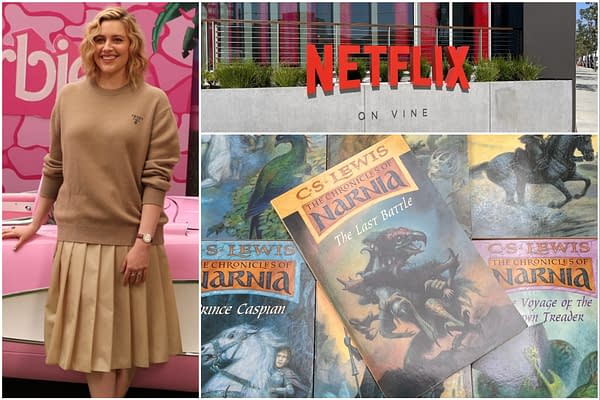 A collage featuring three elements related to "The Chronicles of Narnia": a Netflix sign, a close-up of C.S. Lewis's book covers including "The Last Battle," and a woman smiling in casual attire.