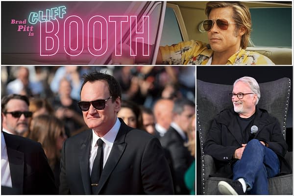 A collage featuring elements from 'Once Upon a Time in Hollywood.' The top section shows Brad Pitt's character, Cliff Booth, with a neon logo overlay. The middle section includes Quentin Tarantino at a premiere, wearing sunglasses, while the bottom shows a smiling director in a chair, holding a microphone.