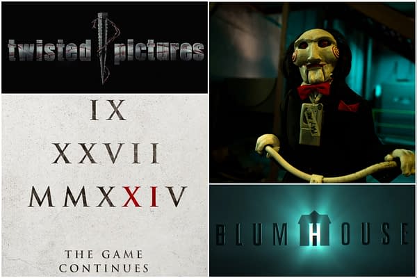 A collage featuring iconic elements from the 'Saw' franchise, including the 'Twisted Pictures' logo, a sinister puppet character holding a tricycle, the release date 'IX XXVII MMXXIV' with 'The Game Continues' tagline, and the 'Blumhouse' logo, all representing a horror movie theme.