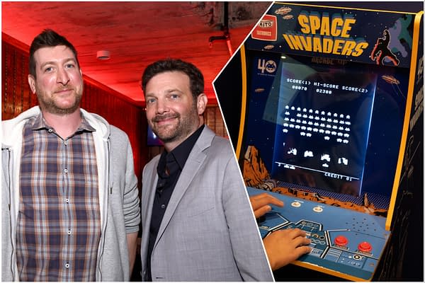 A split image featuring two men standing together on one side, and an arcade machine displaying the classic game "Space Invaders" on the other side. The arcade screen shows pixelated alien invaders, while hands are positioned on the machine's controls.