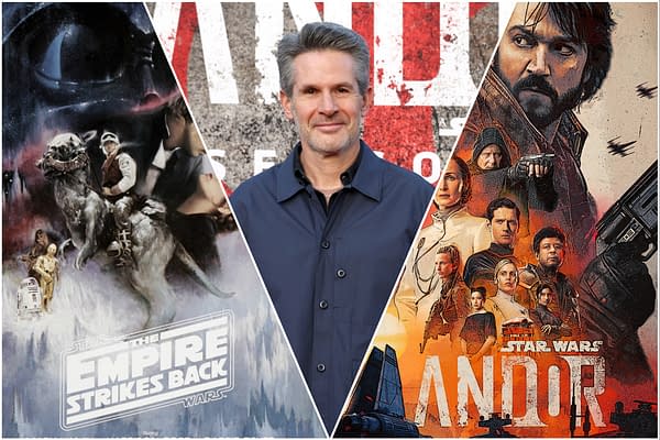A collage featuring Simon Kinberg at a promotional event, flanked by iconic imagery from 'Star Wars: The Empire Strikes Back' and the series 'Andor.' The left side displays a scene from 'The Empire Strikes Back,' while the right showcases characters from 'Andor' against a vibrant background.