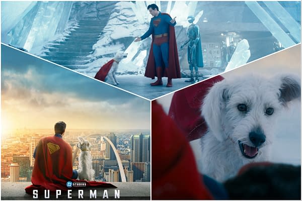 A collage featuring Superman dressed in his iconic blue and red suit, interacting with a dog wearing a small cape in an ice-themed setting, alongside a futuristic robot. One scene shows Superman sitting on a rooftop with the dog, overlooking a city skyline at sunset, while another highlights a close-up of the dog's expressive face.