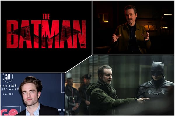 The logo for "The Batman" features the title in bold red letters against a black background. The image also shows actors engaged in behind-the-scenes moments, including a scene with Batman and a character in a dark setting.