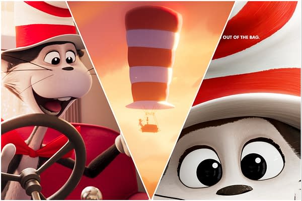 A cartoon illustration features the Cat in the Hat, a playful character wearing a tall striped hat. The image includes three scenes: the cat joyfully driving a vehicle, a floating hat in the sky, and a close-up of the cat's face with large expressive eyes.